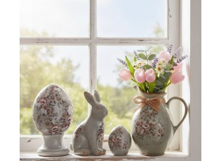 Zelená keramická dekorace králík s květy Floria M - 13*10*21 cm