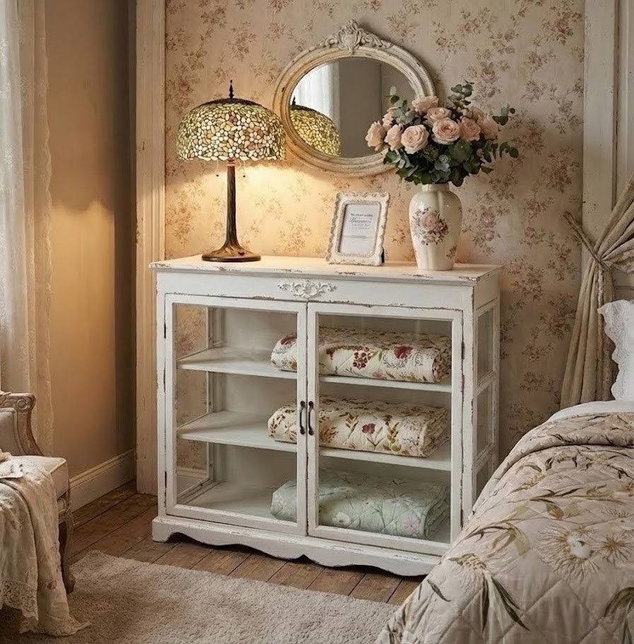 Krémová dřevěná komoda s prosklenými dvířky Old Carin - 106*39*87cm
