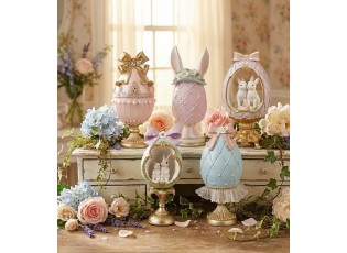 Fialkové vajíčko na podstavci s králíčky a mašlí - 17*12*31 cm