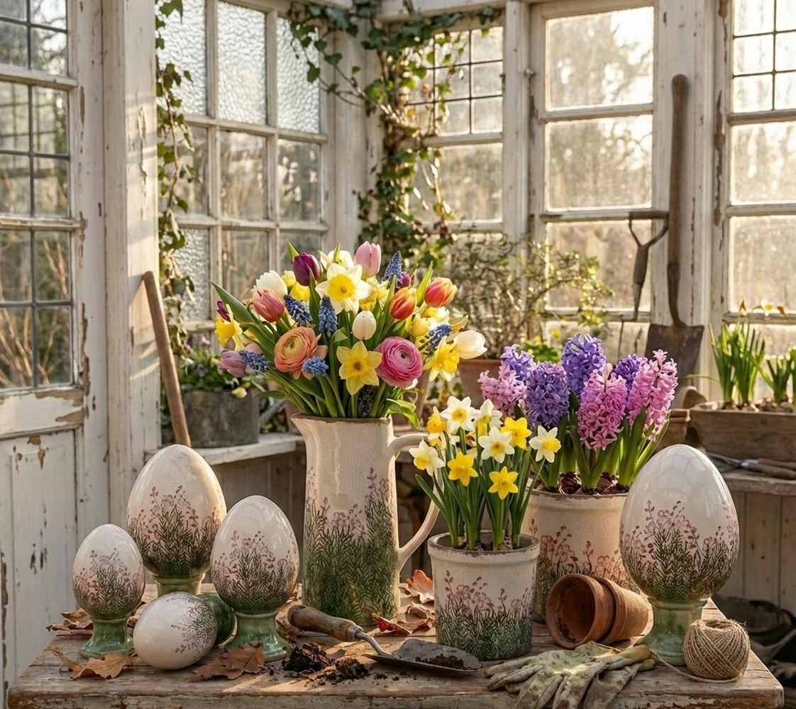 Béžové antik keramické vajíčko s květy Rustic Flower M - Ø 12*19 cm
