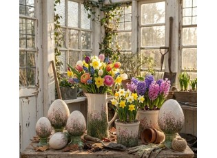 Béžovo-zelený obal na květináč s růžovými květy Rustic Flower M - Ø 15*14 cm