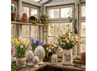 Béžové antik keramické vajíčko s květy Protea Eucalypt XL - Ø 17*28 cm