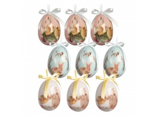 9ks dekorace barevné závěsné vajíčko s králíčky a kuřátky Spring Egg - Ø 5*8 cm