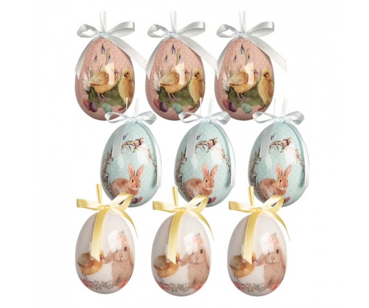 9ks dekorace barevné závěsné vajíčko s králíčky a kuřátky Spring Egg - Ø 5*8 cm Clayre & Eef