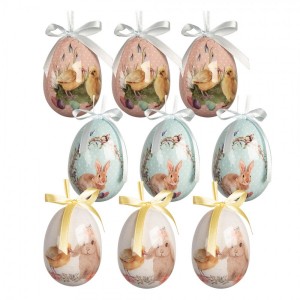 9ks dekorace barevné závěsné vajíčko s králíčky a kuřátky Spring Egg - Ø 5*8 cm