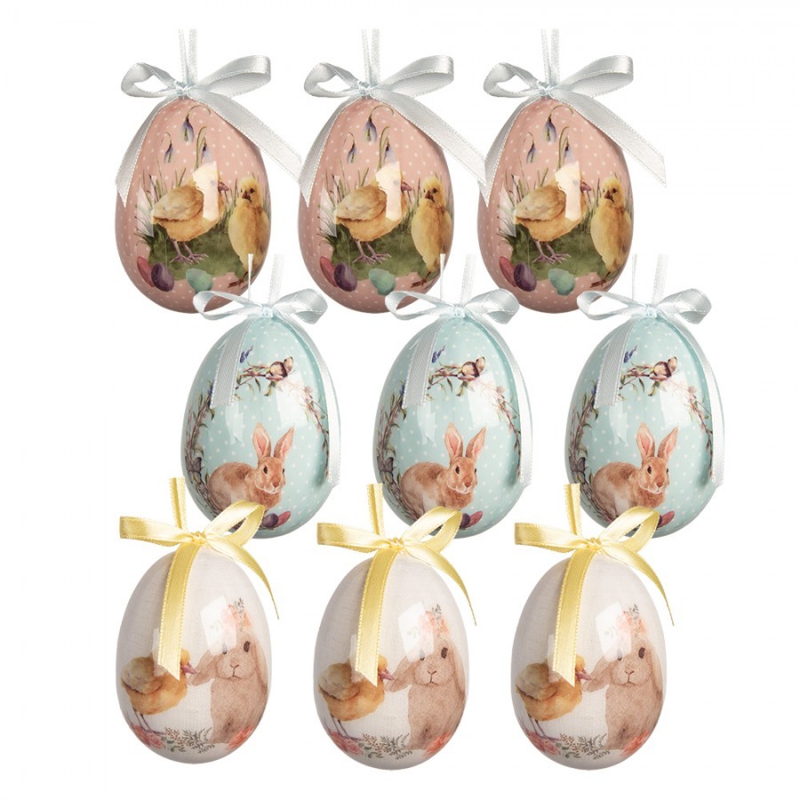 9ks dekorace barevné závěsné vajíčko s králíčky a kuřátky Spring Egg - Ø 5*8 cm