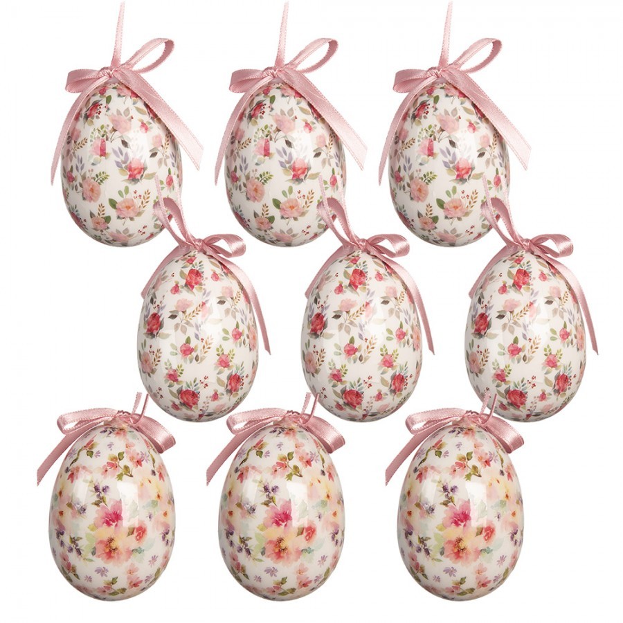 9ks dekorace bílé závěsné vajíčko s květy Spring Egg - Ø 5*8 cm