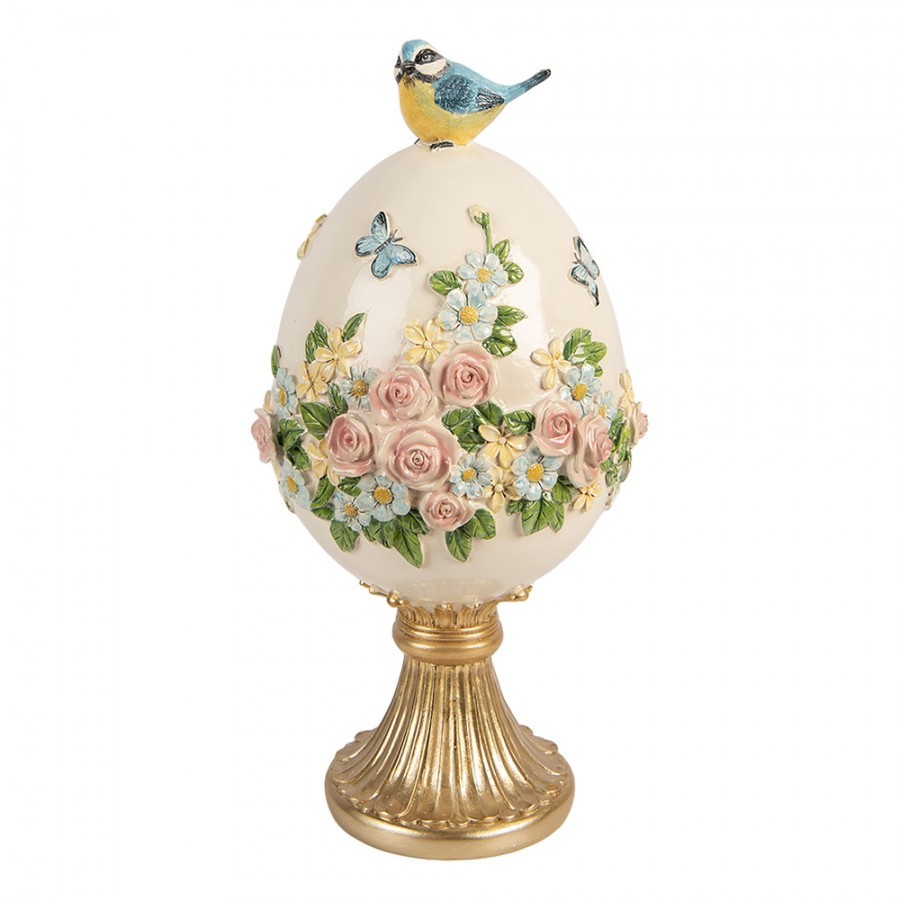 Béžovo-zlatá dekorace vajíčko s květy a ptáčkem - Ø 16*33 cm 6PR6111