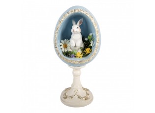 Bílo-modré vajíčko na podstavci s králíčkem a květy - 13*12*28 cm