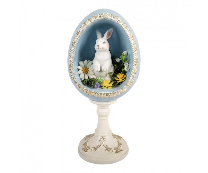 Bílo-modré vajíčko na podstavci s králíčkem a květy - 13*12*28 cm Clayre & Eef