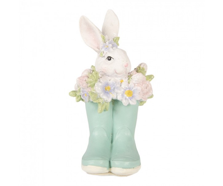 Dekorace králík v modrých holínkách a květy - 9*9*15 cm Clayre & Eef