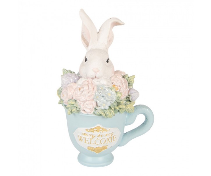 Dekorace králík v modrém šálku a květy - 11*9*16 cm Clayre & Eef
