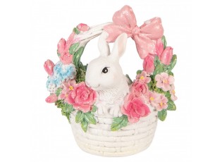 Dekorace bílý králíček v košíčku s květy - 15*9*16 cm