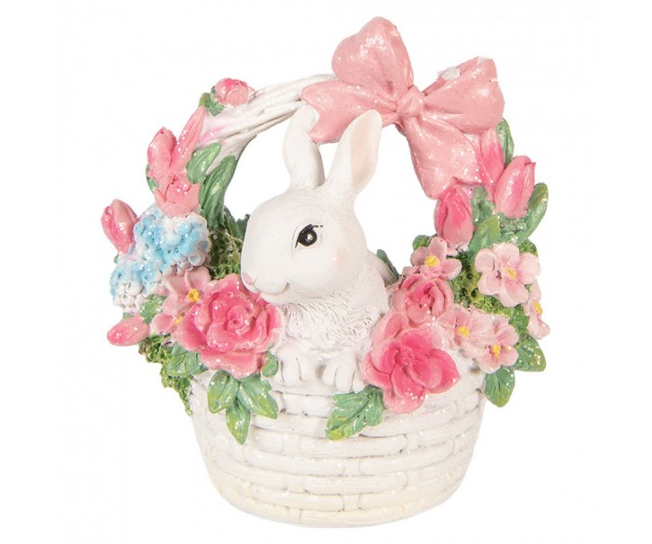 Dekorace bílý králíček v košíčku s květy - 15*9*16 cm Clayre & Eef