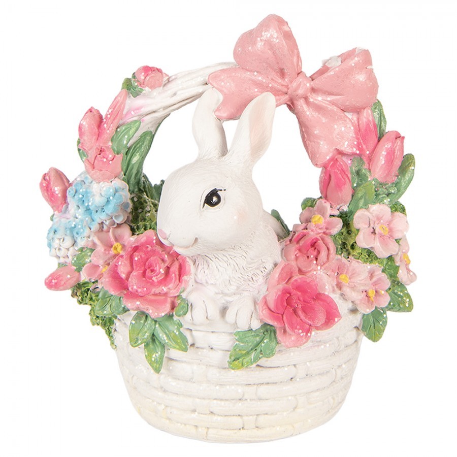 Dekorace bílý králíček v košíčku s květy - 15*9*16 cm 6PR6068