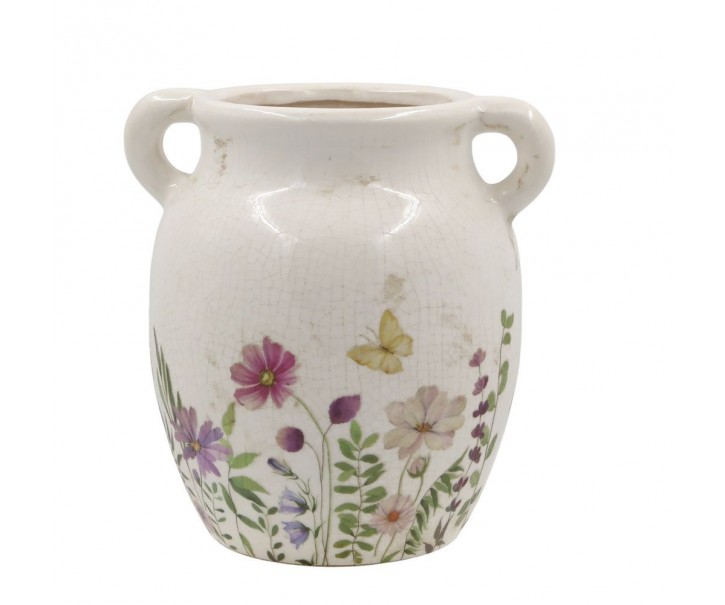 Béžový keramický džbán s oušky a květy Avignon - 19*19 cm Chic Antique