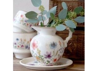 Béžový antik keramický džbán s květy Fleurville - 20,5*18,5 cm