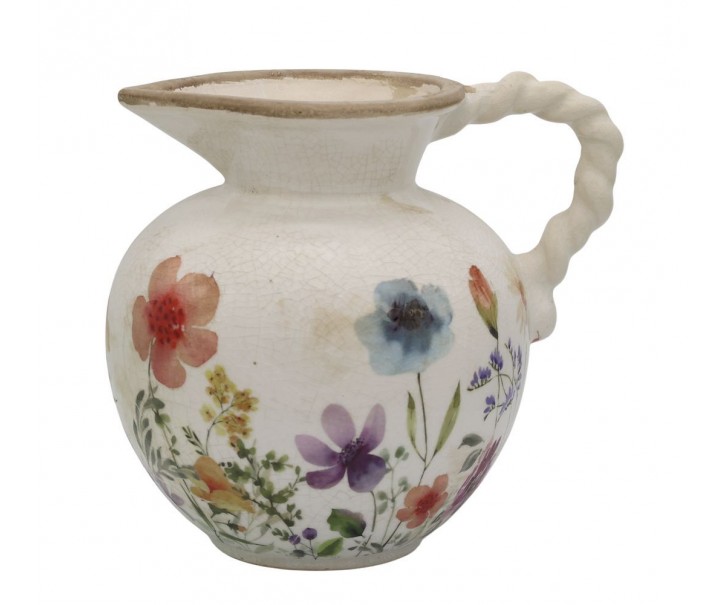 Béžový antik keramický džbán s květy Fleurville - 20,5*18,5 cm Chic Antique