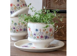 Béžový antik keramický obal květináč s květy Fleurville S - Ø 12*10 cm