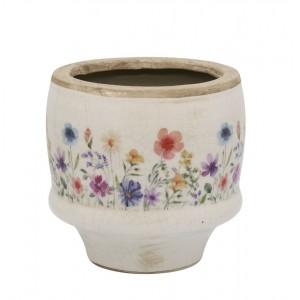 Béžový antik keramický obal květináč s květy Fleurville S - Ø 12*10 cm