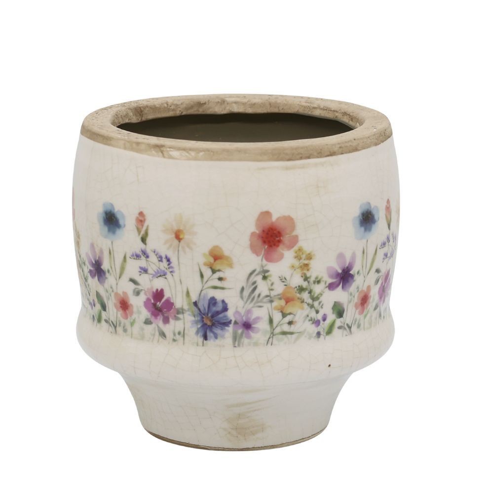 Béžový antik keramický obal květináč s květy Fleurville S - Ø 12*10 cm