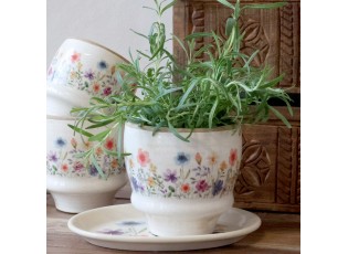 Béžový antik keramický obal květináč s květy Fleurville M - Ø 14*12 cm