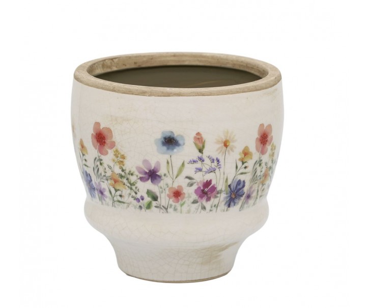 Béžový antik keramický obal květináč s květy Fleurville M - Ø 14*12 cm Chic Antique