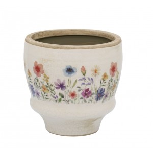 Béžový antik keramický obal květináč s květy Fleurville M - Ø 14*12 cm