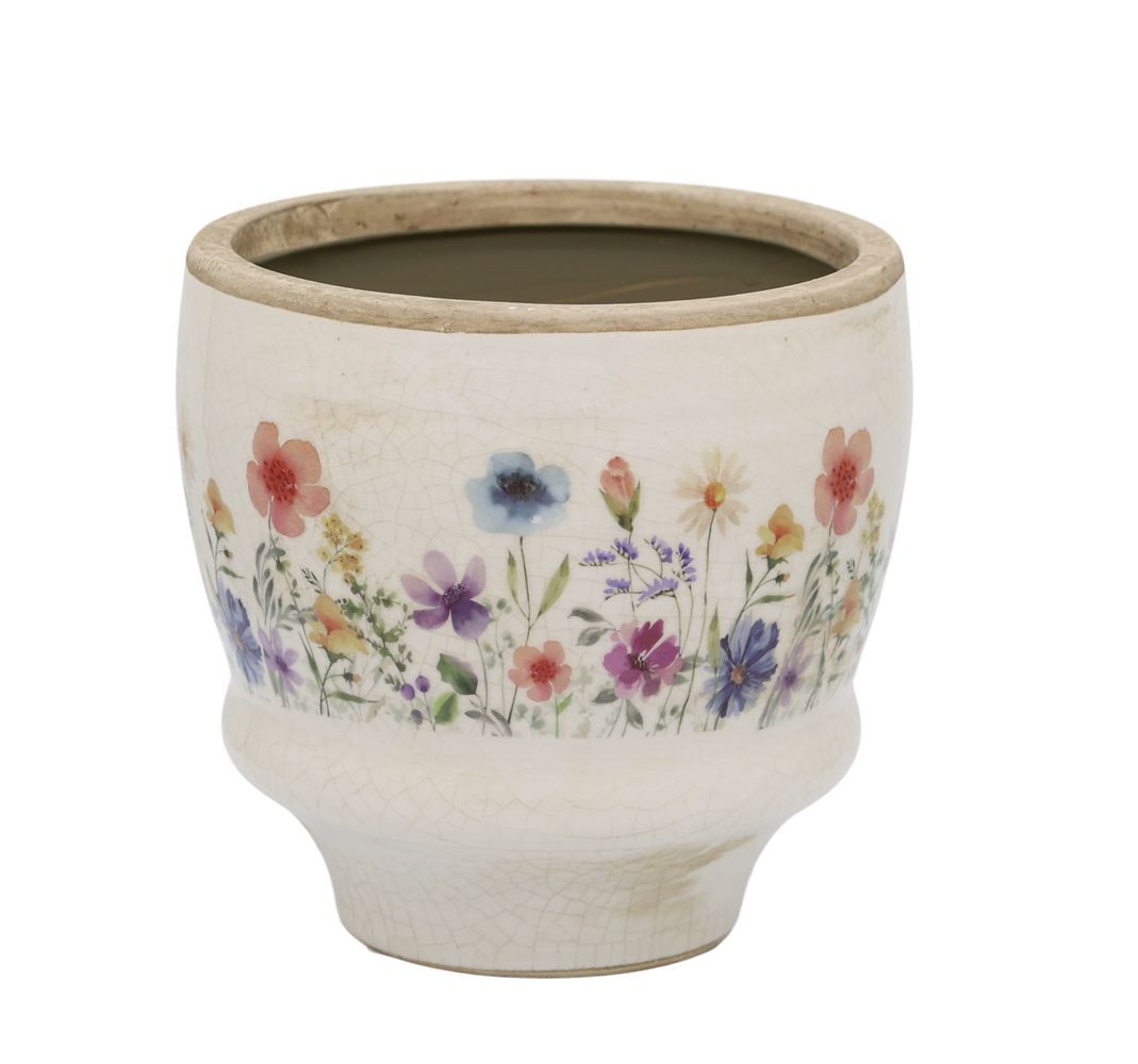 Béžový antik keramický obal květináč s květy Fleurville M - Ø 14*12 cm