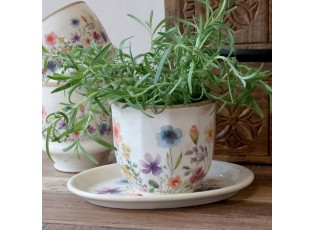 Béžový antik keramický obal květináč s květy Fleurville - Ø 14*12 cm