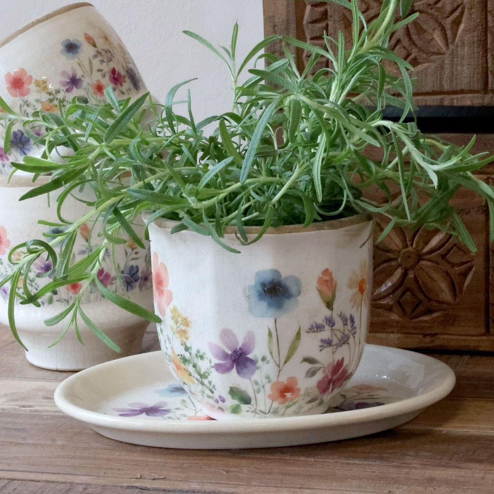 Béžový antik keramický obal květináč s květy Fleurville - Ø 14*12 cm