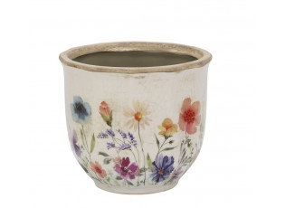 Béžový antik keramický obal květináč s květy Fleurville - Ø 14*12 cm