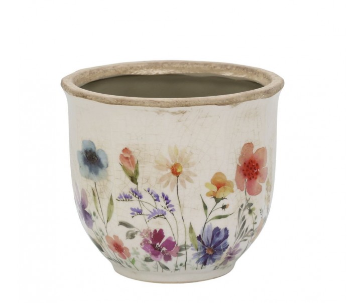 Béžový antik keramický obal květináč s květy Fleurville - Ø 14*12 cm Chic Antique