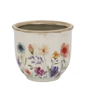 Béžový antik keramický obal květináč s květy Fleurville - Ø 14*12 cm