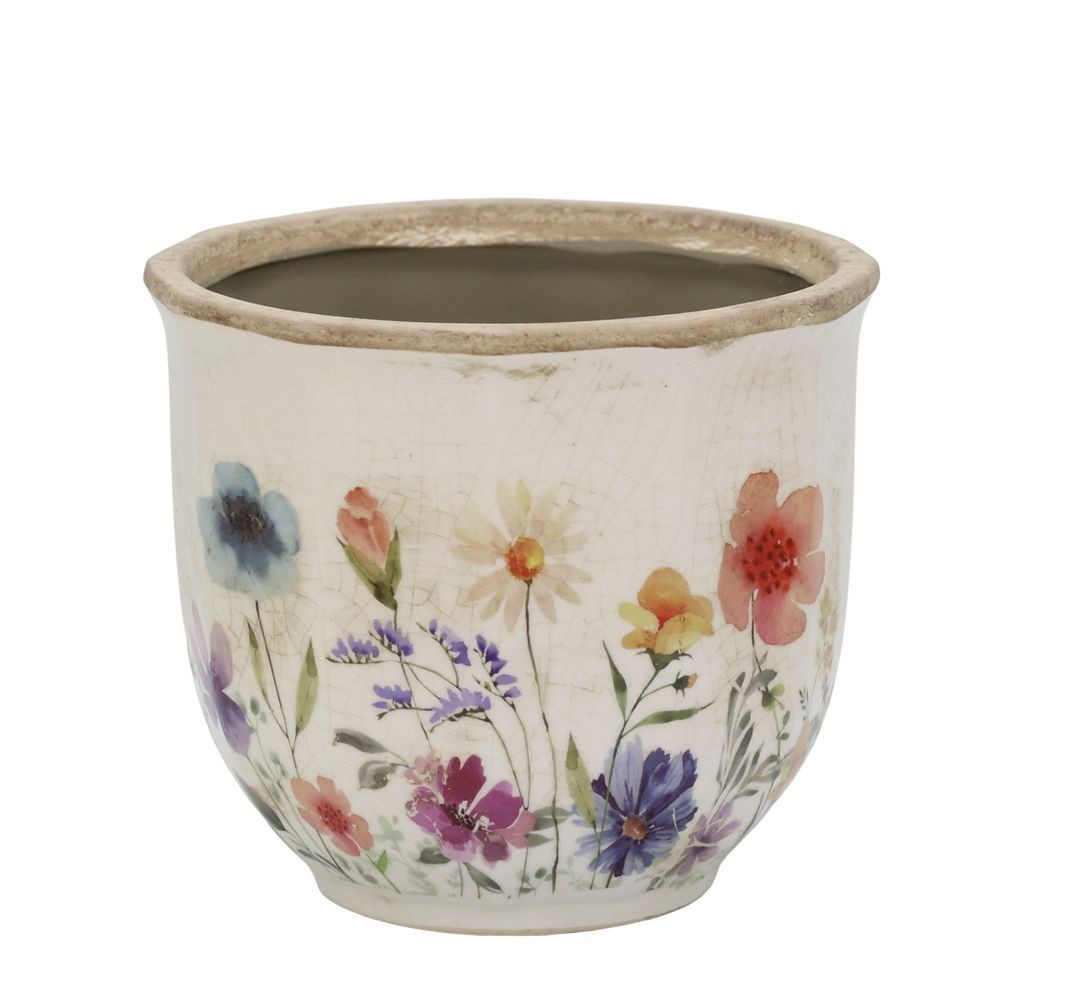 Béžový antik keramický obal květináč s květy Fleurville - Ø 14*12 cm