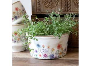 Béžový antik keramický obal květináč s květy Fleurville - Ø 16*9,5 cm