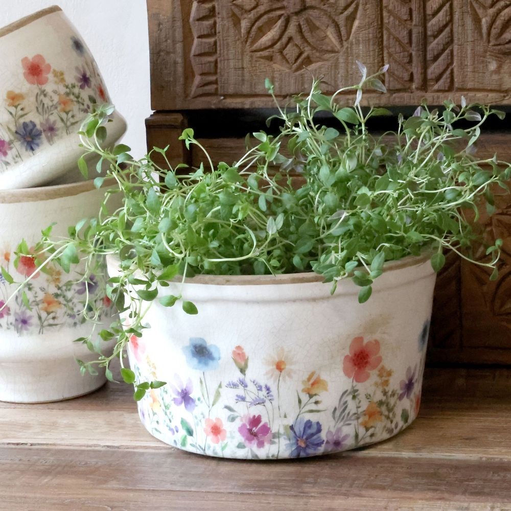 Béžový antik keramický obal květináč s květy Fleurville - Ø 16*9,5 cm