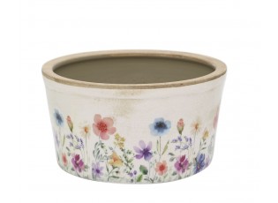 Béžový antik keramický obal květináč s květy Fleurville - Ø 16*9,5 cm