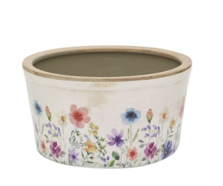 Béžový antik keramický obal květináč s květy Fleurville - Ø 16*9,5 cm Chic Antique