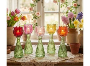 5ks barevný mix skleněný svícen/ váza tulipán Love Tulip - Ø 7*22 cm