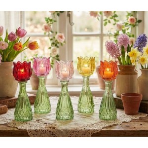 5ks barevný mix skleněný svícen/ váza tulipán Love Tulip - Ø 7*22 cm