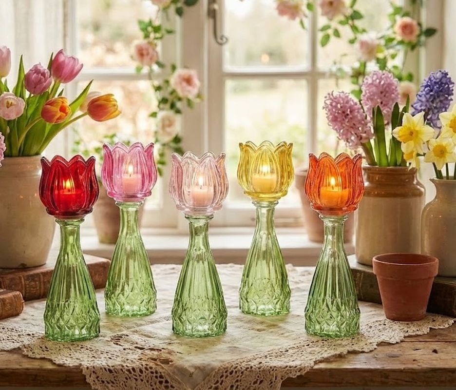 5ks barevný mix skleněný svícen/ váza tulipán Love Tulip - Ø 7*22 cm