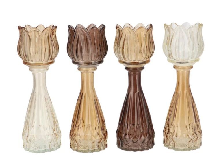 4ks béžový mix skleněný svícen/ váza tulipán Love Tulip - Ø 7*18cm 314044