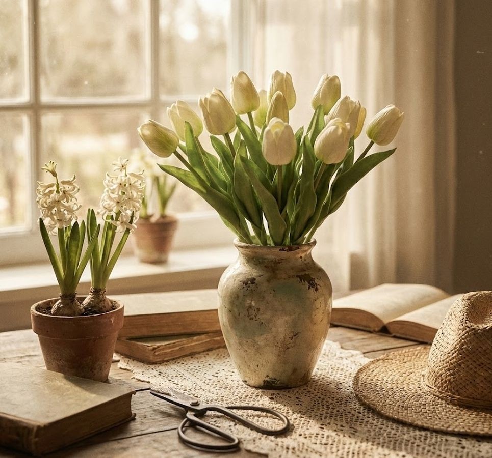 Kytice 7ks bílých realistických tulipánů Tulips - 17*30 cm
