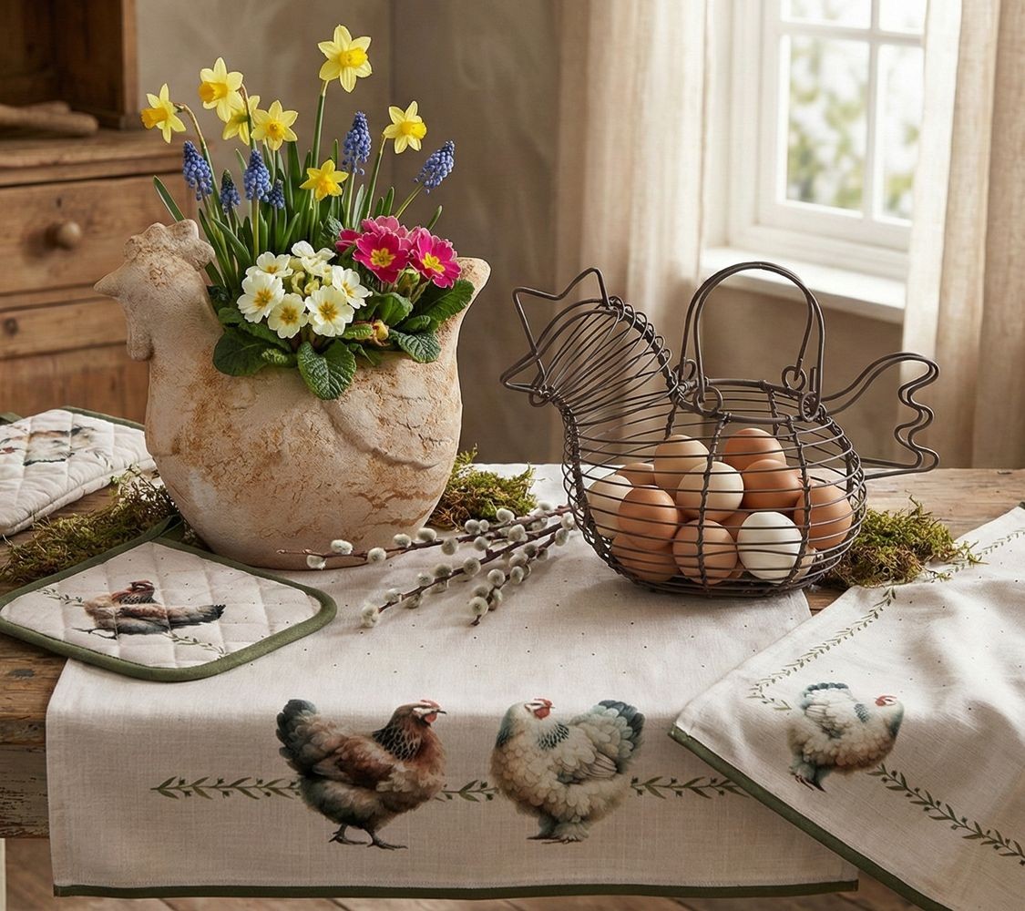 Béžový bavlněný běhoun se slepičkami Barnyard Chicken - 50*140 cm Clayre & Eef Béžový bavlněný běhoun se slepičkami Barnyard Chicken - 50*140 cm Clayre & Eef