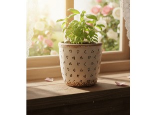 Béžový keramický obal na květináč se srdíčky Hearti S - Ø 13*12 cm