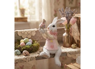 Dekorace bílý sedící králík držící myšku - 9*9*14 cm