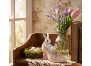 Dekorace bílý králík v růžovém střevíčku - 13*5*12 cm