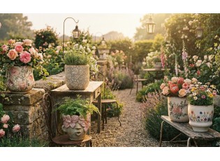 Šedý antik keramický obal na květináč s květy L - Ø 18*16 cm