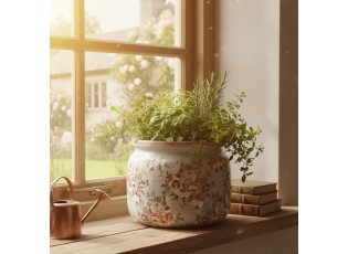 Zelený keramický dekorační květináč s květy Floria L - Ø 20*15 cm